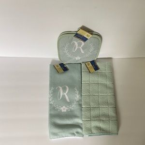 Monogrammed R.  2 pot holders, matching 1 towel & 1 kitchen towel